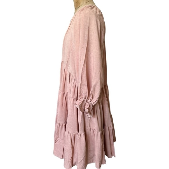 NWT Pinch deep v-neck tiered mini dress 3/4 sleeve dusty pink size M bohemian - Picture 4 of 7